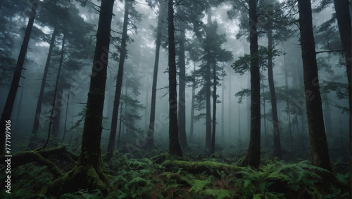 A dense forest shrouded in mist, where ancient trees loom mysteriously. © xKas