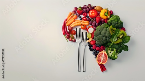 Creative Healthy Food Concept with Brain Shaped Salad, Ideal for Diet and Nutrition Articles. Colorful Vegetables and Fruits on White Background. AI photo