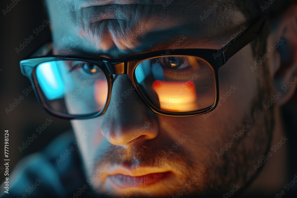 Businessman wears computer glasses to reduce eye strain while working online. Businessman wears computer glasses to reduce eye strain while working online.