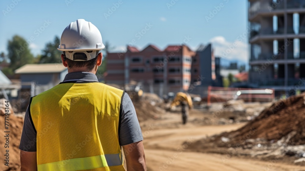 Architect or civil engineer standing and inspecting project work in a construction zone. Architect or civil engineer standing and inspecting project work in a construction zone.