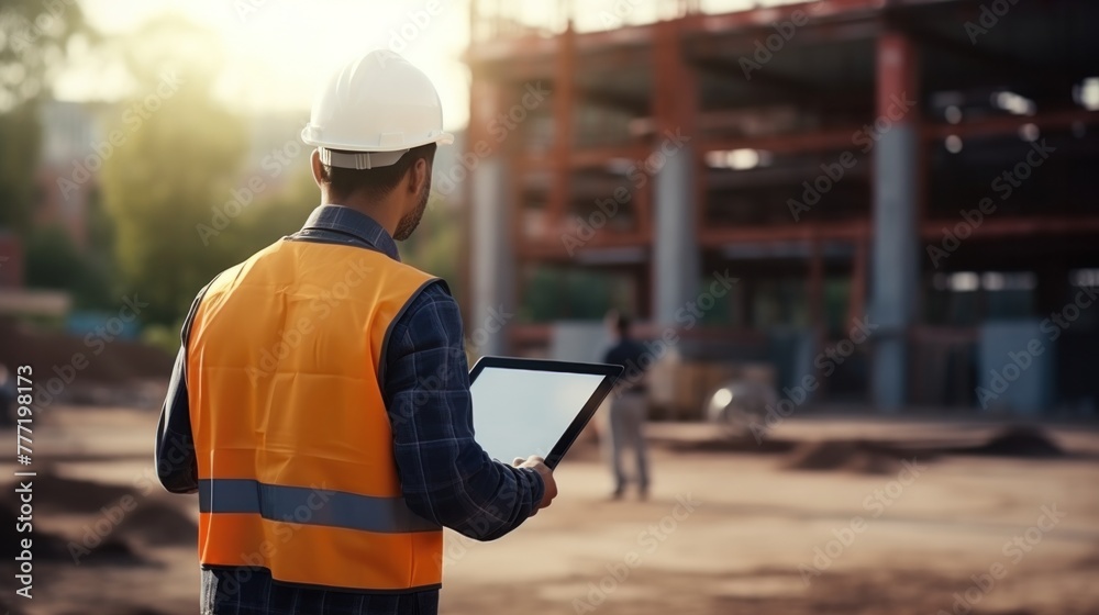 Obraz premium Architect or civil engineer standing and inspecting project work in a construction zone.