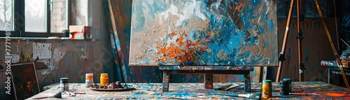 Eclectic artist's studio splattered with paint, canvases in progress, and creative chaos, high resolution photo