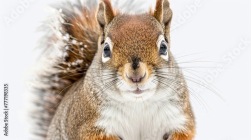 close up of a Red Squirrel in Winter on a white background.AI generated image photo