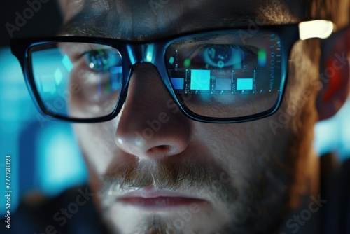 Developer coding with glasses focusing on computer screen.