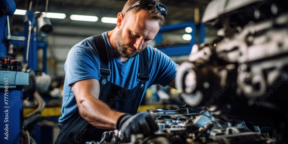 Auto mechanic works with broken engine in mechanic or auto repair shop. Auto mechanic works with broken engine in mechanic or auto repair shop.