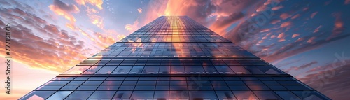 Conceptual 3D skyscraper with glass facade reflecting the changing sky, 3D render