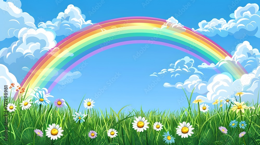 Vibrant Rainbow Arc over a Blossoming Meadow. Springtime Idyllic Scenery, Childlike Illustration. Perfect for Educational and Creative Content. AI
