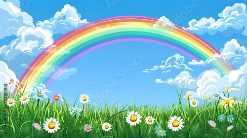 Vibrant Rainbow Arc over a Blossoming Meadow. Springtime Idyllic Scenery  Childlike Illustration. Perfect for Educational and Creative Content. AI