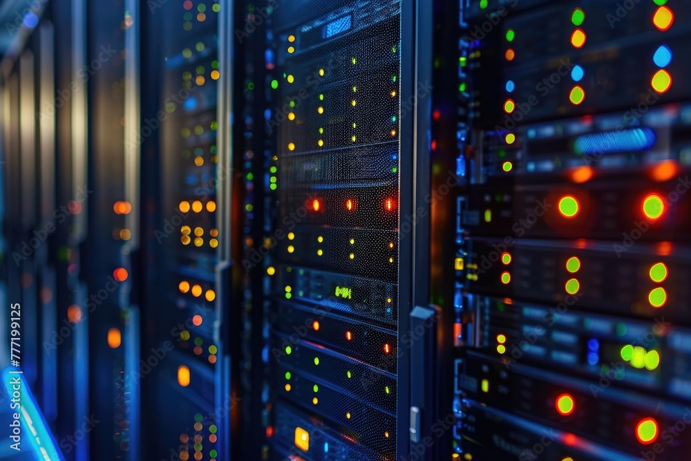 A row of computer servers with a green light on the top left. The servers are lit up and appear to be in use A row of computer servers with a green light on the top left. The servers are lit up and appear to be in use