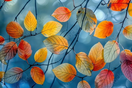 Autumn transparent leaves over blue background