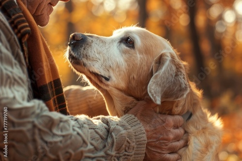 Man stroking his old dog. retriever enjoying autumn sunny say with his owner