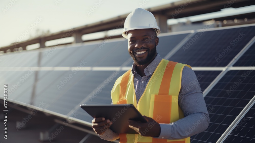 engineer using tablet Standing and smiling, looking at the camera Complete with solar panels engineer using tablet Standing and smiling, looking at the camera Complete with solar panels