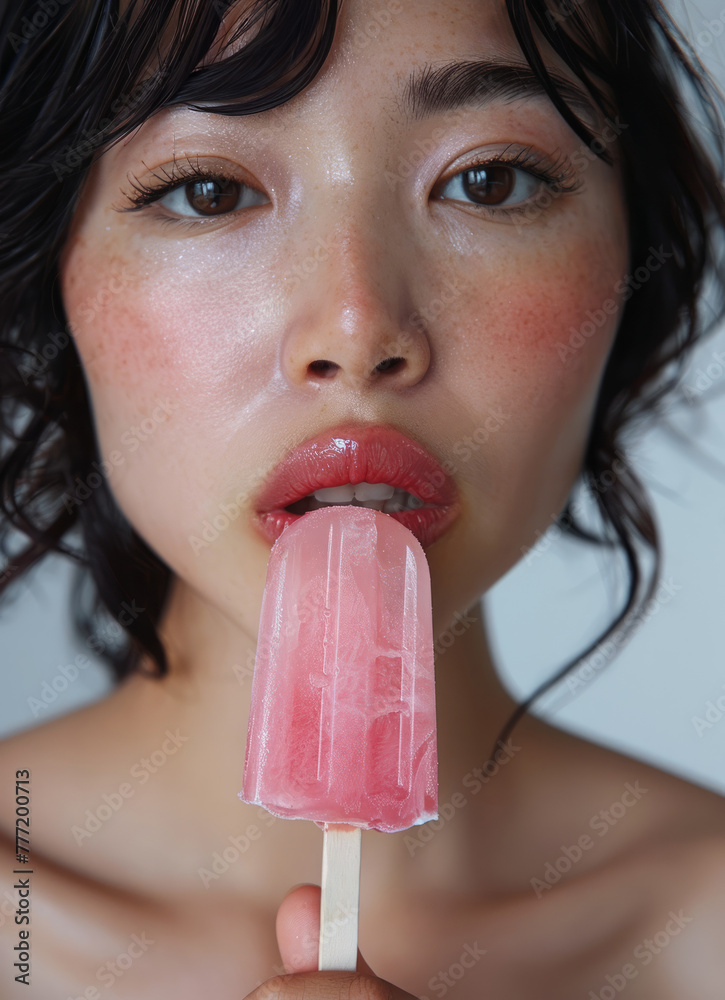 A young Asian woman as she delicately bites into a raspberry popsicle. Her freckled cheeks are rosy, possibly from the warmth of summer A young Asian woman as she delicately bites into a raspberry popsicle. Her freckled cheeks are rosy, possibly from the warmth of summer