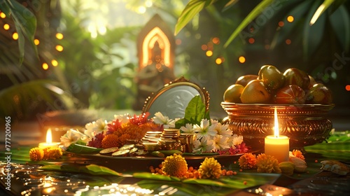 Vishukkani for Vishu with gold coins, mirror, fruits, vegetables, and nilavilakku lamp on a banana leaf before deity icon, warm and inviting atmosphere. AI Generated