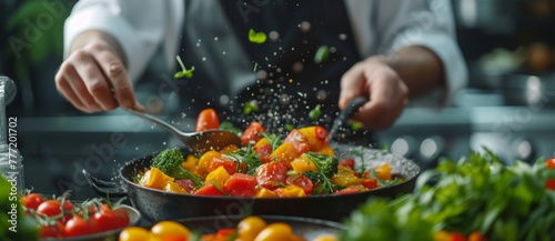Cooking chef preparing fresh vegetables in a pan with salt and pepper seasoning on the side