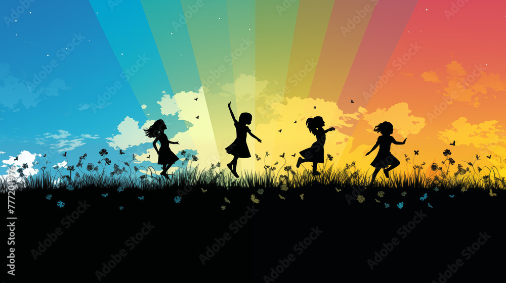Children's Silhouettes Playing in Nature with Rainbow Beams