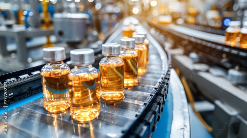 Pharmaceutical manufacturing background with glass bottles on automated conveyor belt system Pharmaceutical manufacturing background with glass bottles on automated conveyor belt system
