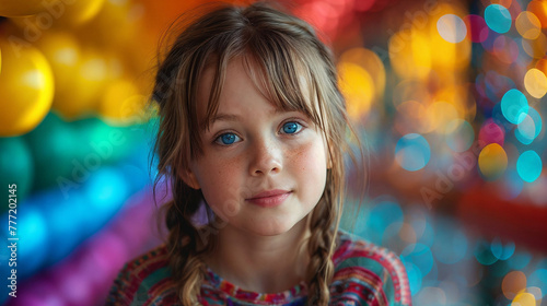 Young white girl with blue eyes, vibrant colors, curious and innocent.