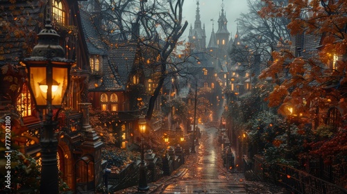 Lose yourself in the enchanting ambiance of an antique town  where every corner is bathed in the soft  golden light of vintage gas lanterns  casting a nostalgic glow on the weathered buildings and cob
