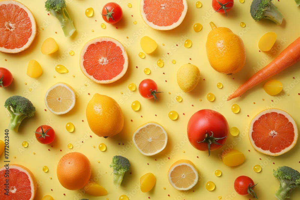 Bright red and yellow tomatoes with fresh green lettuce on a vibrant yellow background Bright red and yellow tomatoes with fresh green lettuce on a vibrant yellow background