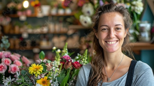 Small business owner woman smiling beautifully in her flower shop
