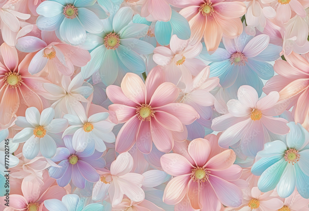 Spring floral gradient background with iridescent surreal flowers, delicate pastel colors bright colors