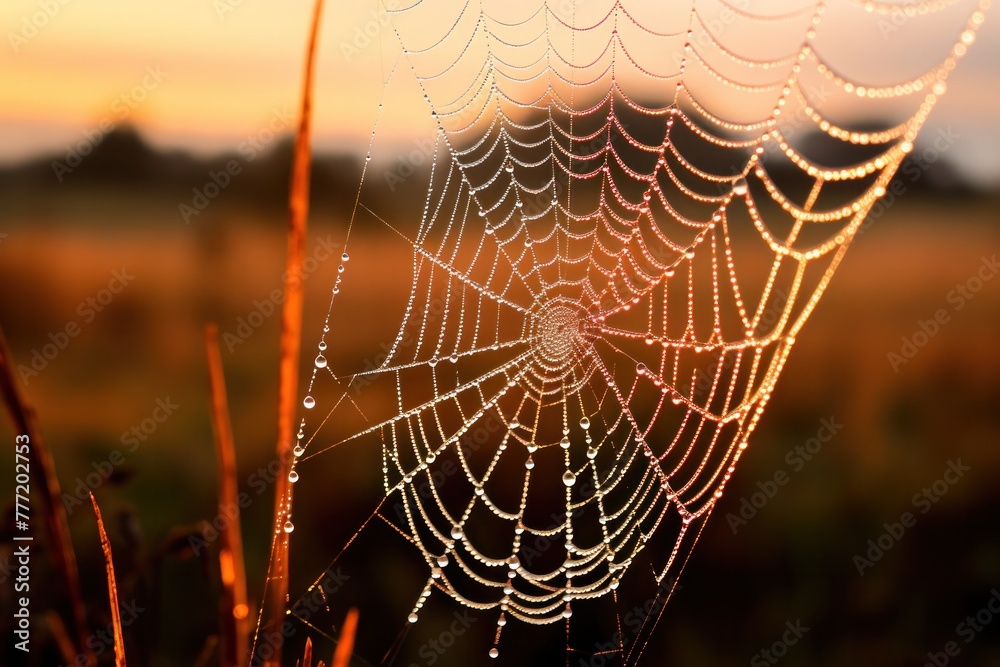Spider web with dew at sunset