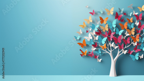 Colorful Butterfly Tree on Blue Background for Joyful Design Concepts