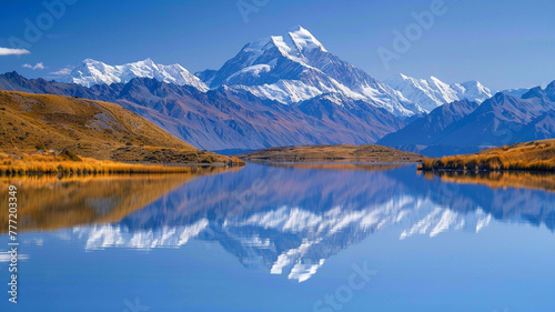 Tranquil lake reflecting the towering snow-covered mountains and a cloudless sky.
