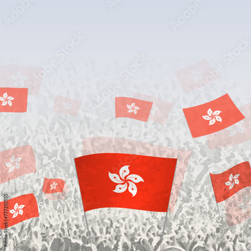Crowd of people waving flag of Hong Kong square graphic for social media and news.