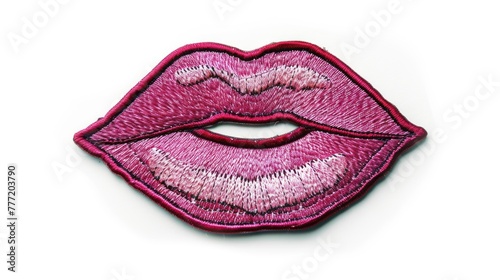 Beautiful pink lips embroidered patch badge isolated on white background