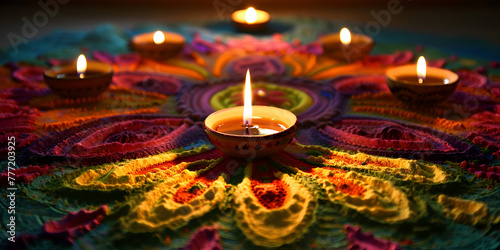 Colorful Clay Diya Lamps Adorned with Flowers © Adnan