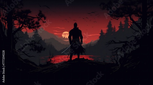 Japanese samurai warrior with forest at night. Ronin standing in forest at night. Black silhouette of Japanese samurai warrior against forest at night