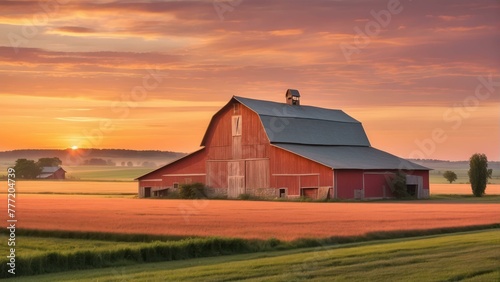Sunset at a rustic barn in a tranquil field