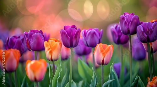 Garden of purple and orange tulips #777205946