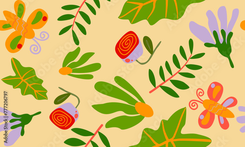 Fototapeta Naklejka Na Ścianę i Meble -  abstract plants.simple various branches, flowers, and butterflies. hand-drawn colored vector seamless pattern.naive art, infantile style art. colorful trendy