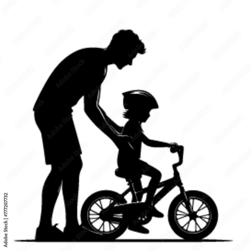 Fototapeta premium minimalist Father helps his daughter ride bike. Father teaches child wearing safety helmet to ride bicycle vector black color silhouette, Black color silhouette png white background-12