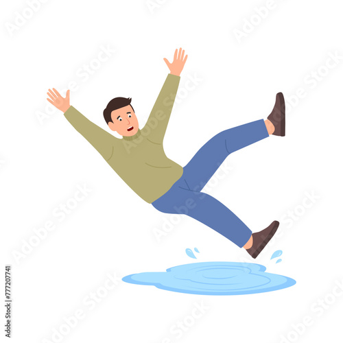 Man falls, sliding on slippery wet floor. Person slipping, falling down. Injury danger. Flat vector illustration isolated on white background