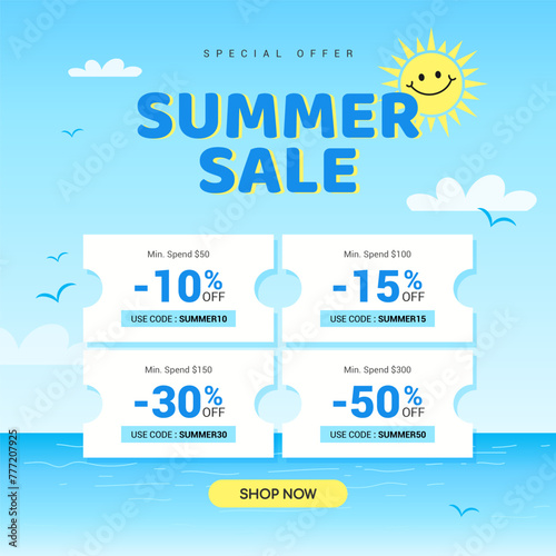 Summer sale coupon promotion template vector illustration. Sea background