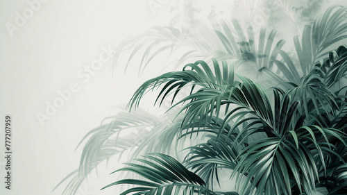 Tropical green palm leaves on a light back. Abstract summer template.