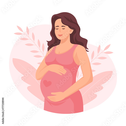 Pregnant woman, future mom, standing and  hugging belly with arms. Pregnancy concept. Flat vector illustration.