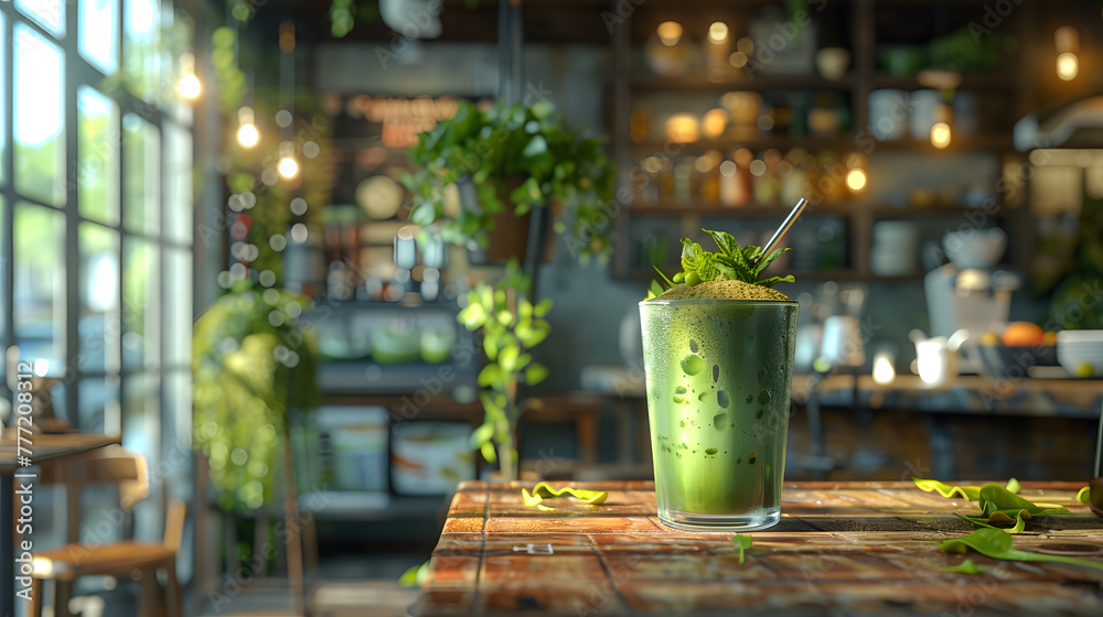 Fresh green smoothie in a glass garnished with herbs on a wooden bar counter. Healthy lifestyle and nutrition concept for design and print. Blurred background with warm ambient lighting Fresh green smoothie in a glass garnished with herbs on a wooden bar counter. Healthy lifestyle and nutrition concept for design and print. Blurred background with warm ambient lighting