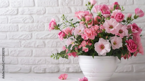 Mixed pink floral arrangement in a white pot on shabby worktop with white brick background