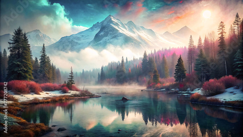 Natural landscape  mountains  reflected  lake  forest  natural colors  natur  mounteverest  snow  green  