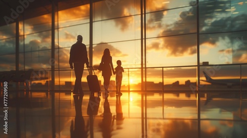 Silhouettes of passengers walking through airport terminal at sunset with airplane in background