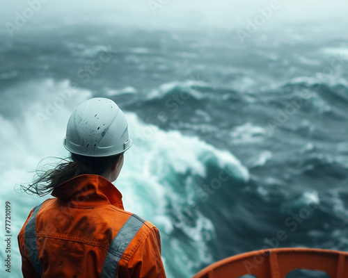 A female maritime professional her figure framed against the vast ocean symbolizes resilience and authority at work