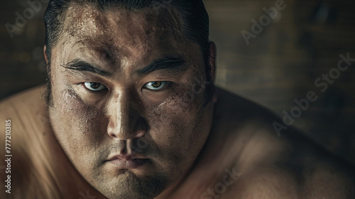 A sumo wrestlers portrait in the dohyo his presence dominating as he looks directly into the camera unflinching photo