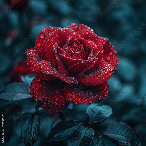 a red rose with water droplets on it in a garden