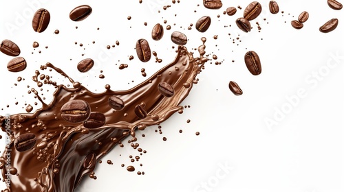 A splash of chocolate with coffee beans floating in the air