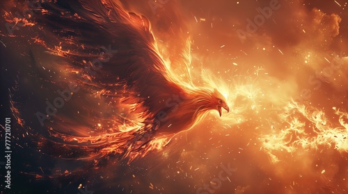A fiery bird is flying through a sky filled with fire and smoke